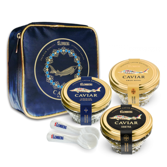 Set de caviar de esturión, en bolsa isotérmica Lemberg, 3 x 50 g